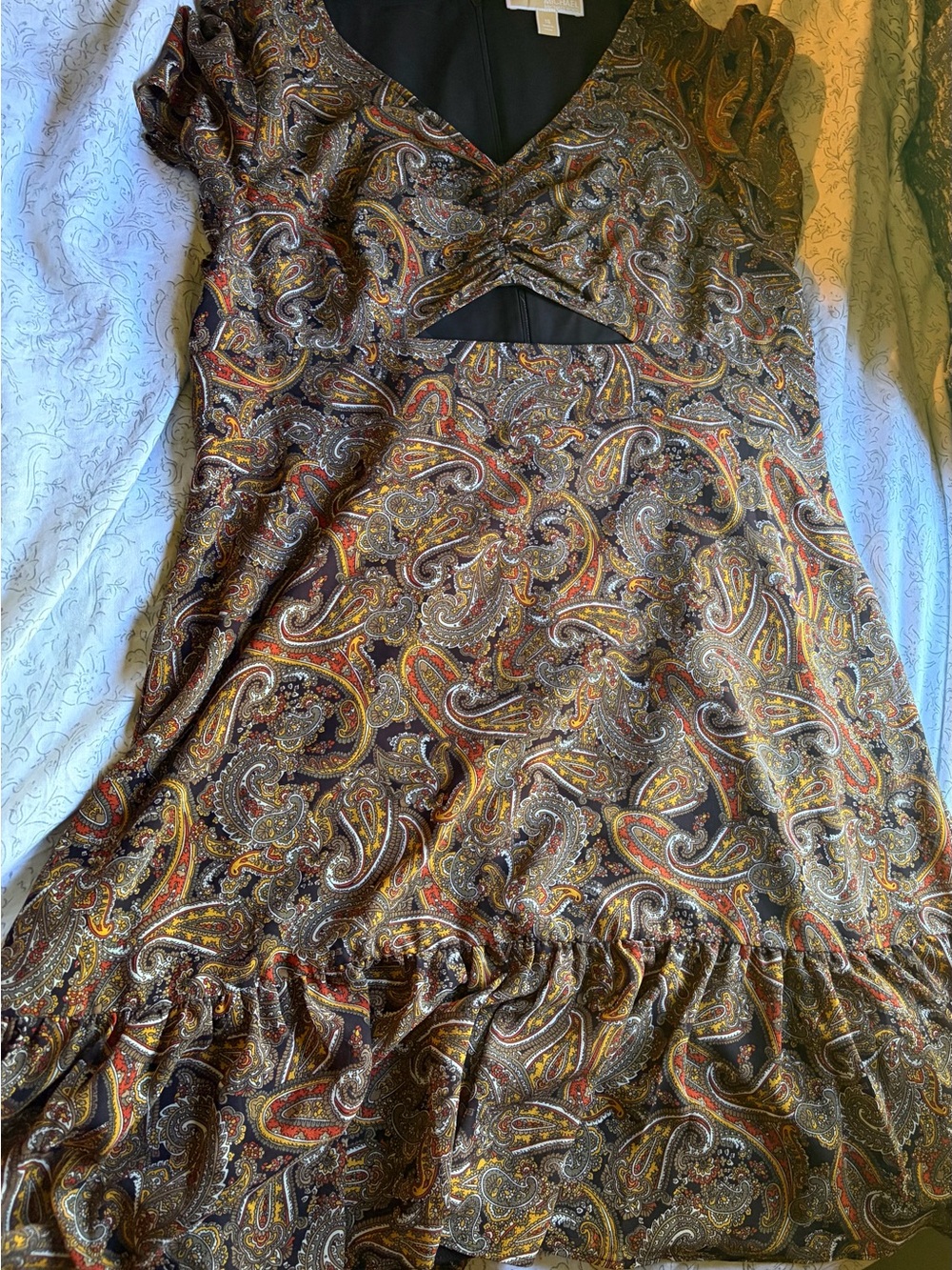 MICHAEL Michael Kors Brown Paisley Mini Dress with Red & Gold Accents